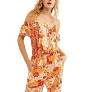 Free People Carmen Printed Jumpsuit, Golden Gate, Wide Leg Pants Romper Size XS